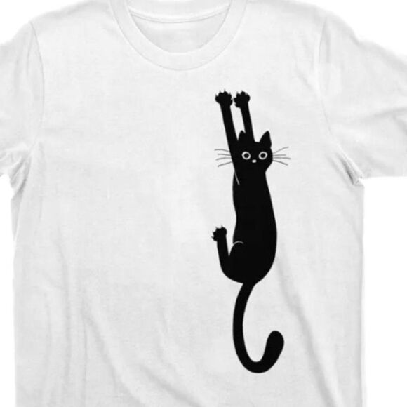 Black Cat Holding On T-shirt - Picture 1 of 1